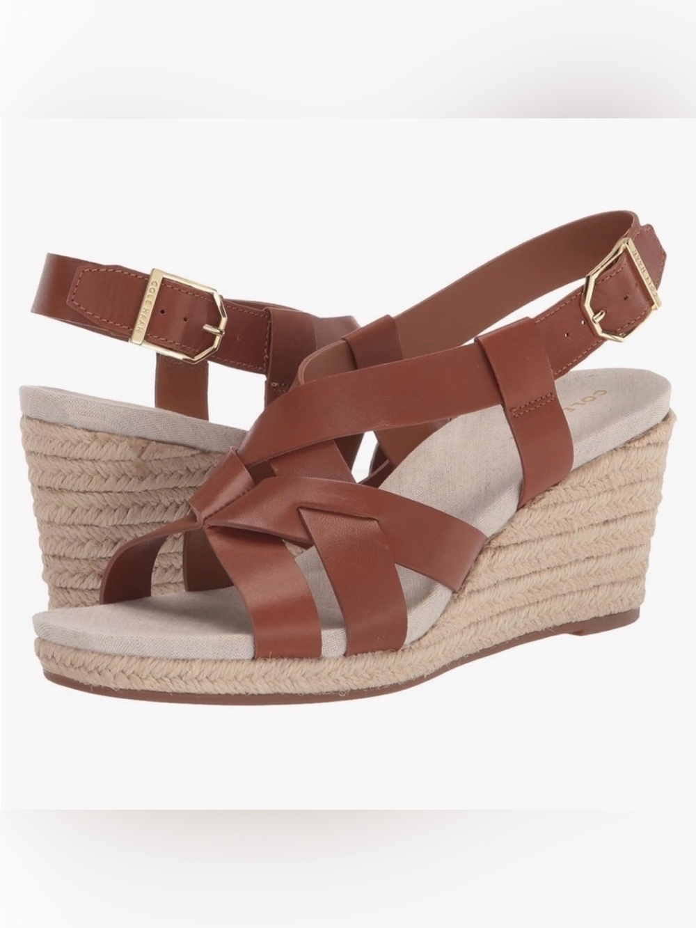 EUC Cole Haan Tan Leather Wedge Heels Sandals Size 8.5
